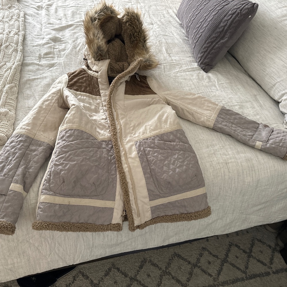 BCBG Maxazria fur lined color block winter coat